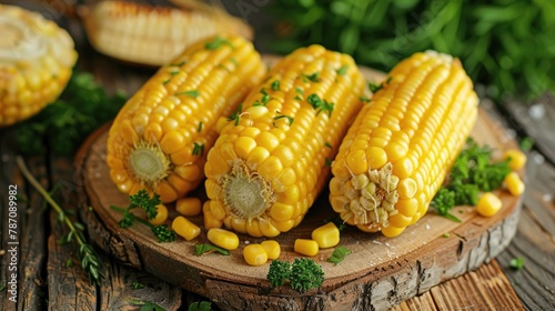 Sweet corn steamed with herbs on a wooden platter photo