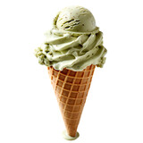 Pistachio ice cream cone PNG. Green pistachio ice cream dripping. Ice cream melt isolated. Pistachio ice cream top view PNG. Ice cream flat lay
