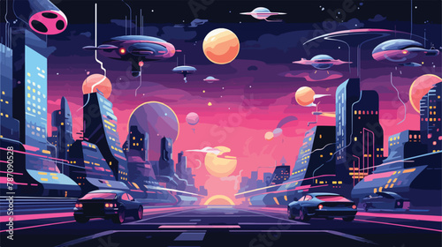 A futuristic cityscape with holographic advertisement