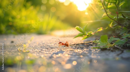 small ants on the asphalt at sunset photo