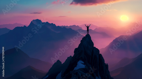 Person Celebrating on Mountain at Sunset
