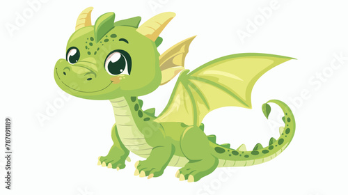 Little cute cartoon green baby dragon. Funny fantasy