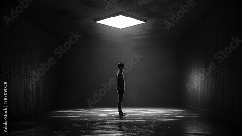 Person Under Overhead Light in Dark Room 