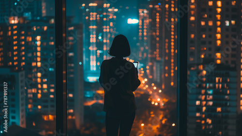 Woman Overlooking Cityscape at Night 