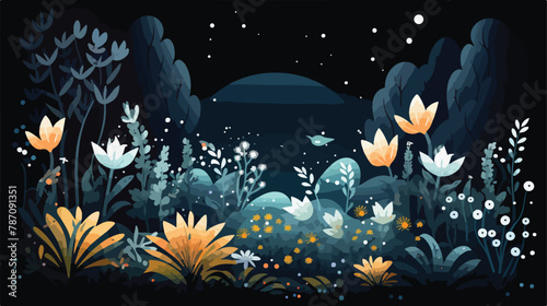 A garden where the plants glow in the dark flat vector