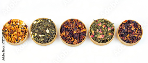 different types of tea on a white background. a kind of delicious fruit tea.