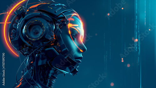 Futuristic Cyborg Face with Digital Neural Network 