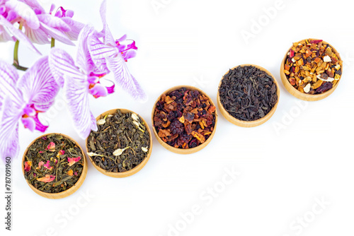 different types of tea on a white background. a kind of delicious fruit tea.