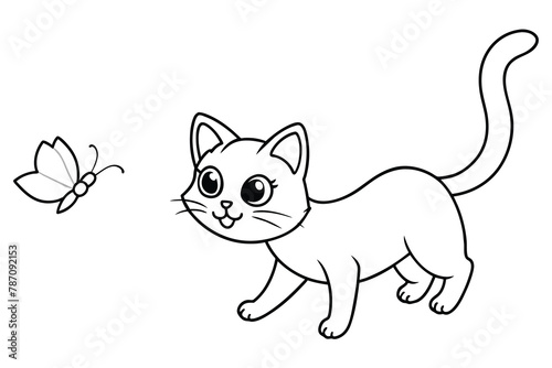cute kitten with big eyes,   attempting to chase after a passing butterfly line art, vector illustration