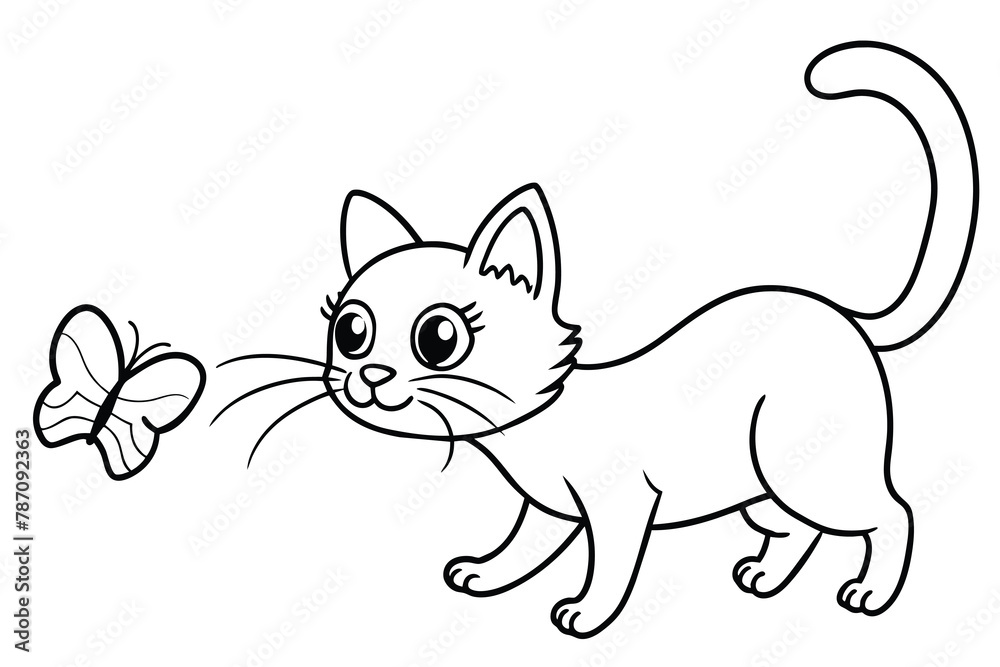 cute kitten with big eyes,   attempting to chase after a passing butterfly line art, vector illustration