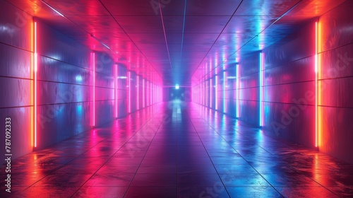Futuristic neon corridor with reflective floor