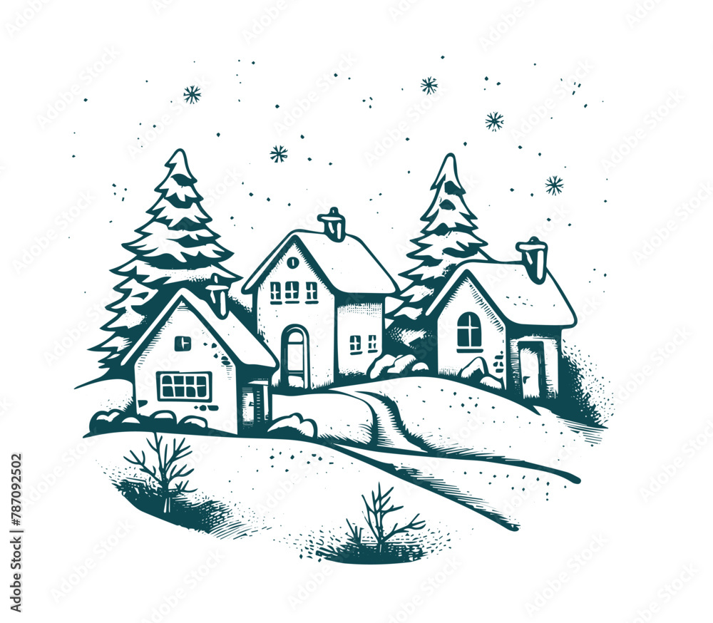 Christmas home, Sketch, Pictogram Art, Black on white image