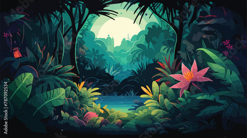 A jungle scene with plants that have bioluminescent 