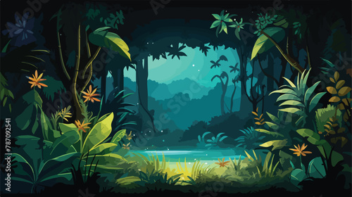 A jungle scene with plants that have bioluminescent 