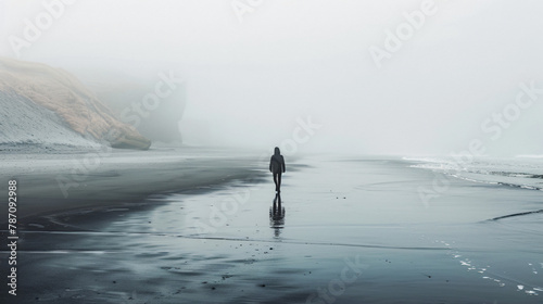 Person walking on the beach in foggy day
