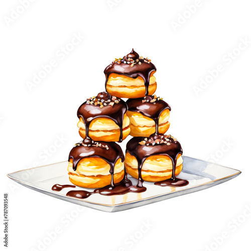 Profiteroles on a rectangular dessert platter  with cream filled choux pastry watercolor illustration clipart, sweet treat for restaurant menu cards