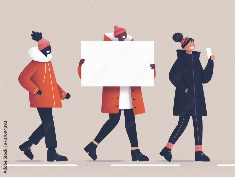 Four stylized characters in winter clothing carrying a blank sign.