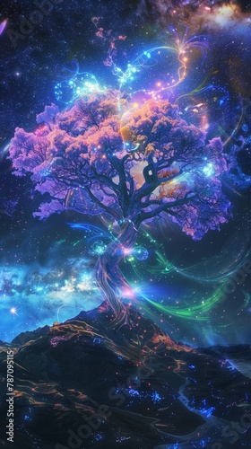 A digital painting of a magical Tree of Life glowing with vibrant colors against a starry night sky and galaxy. The tree stands on a mountain overlooking a river, creating a stunning fantasy landscape © PorchzStudio