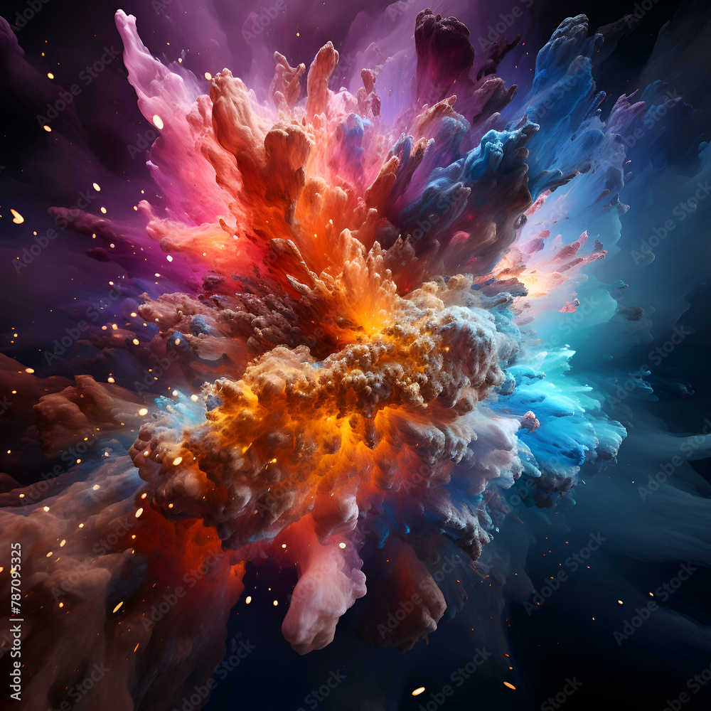 Explosion of colored smoke on a black background. 3d rendering
