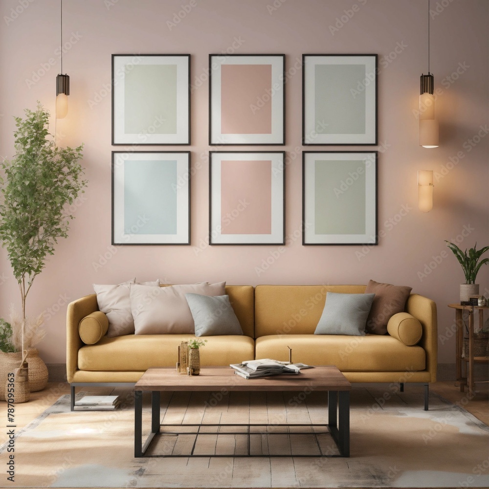 Fototapeta premium Light brown wall frame, modern living room with sofa