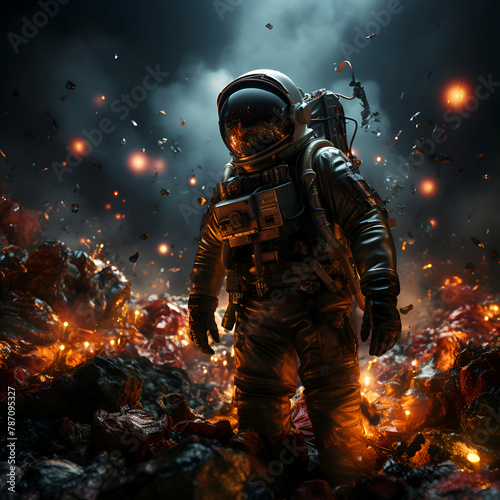 Astronaut in a gas mask against the background of a burning forest