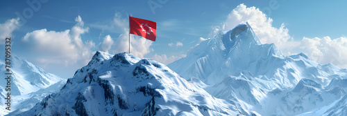 flag flutters against a stunning mountain background A symbol of the nation s strength. Flag on the mountain peak meaning overcoming difficult. 