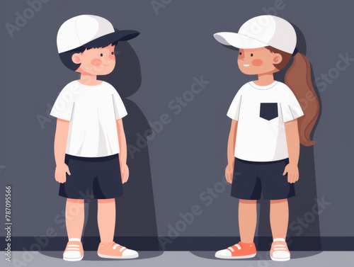 Cartoon illustration of a boy and a girl standing side by side, both wearing caps, t-shirts, shorts, and sneakers.