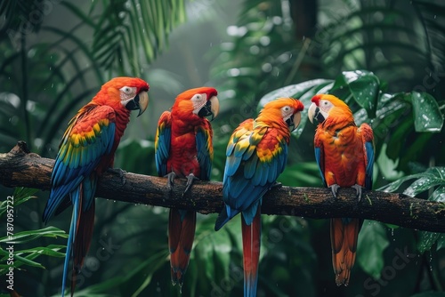 Tropical birds sitting on a tree branch in the rainforest. Colorful scarlet macaw parrots.