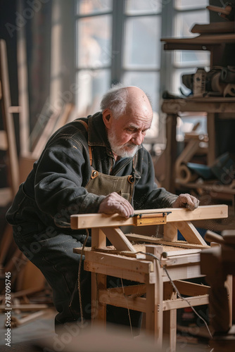 elderly carpenter builds a classic style chair 