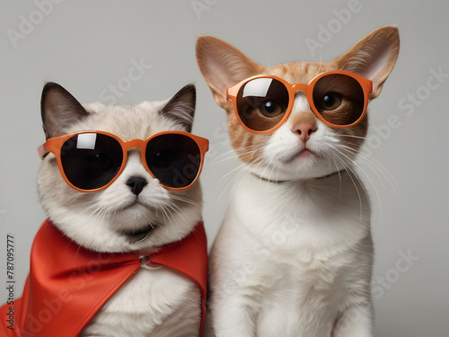 funny litllte dog and cat playing wear black sun glasses at white background