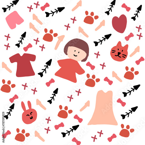 children drawing girl and cat pattern illustration