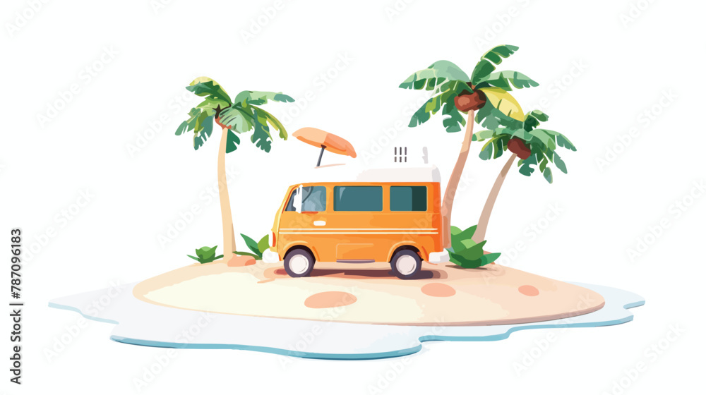 Mini van parking on a beach island concept of beach Vector