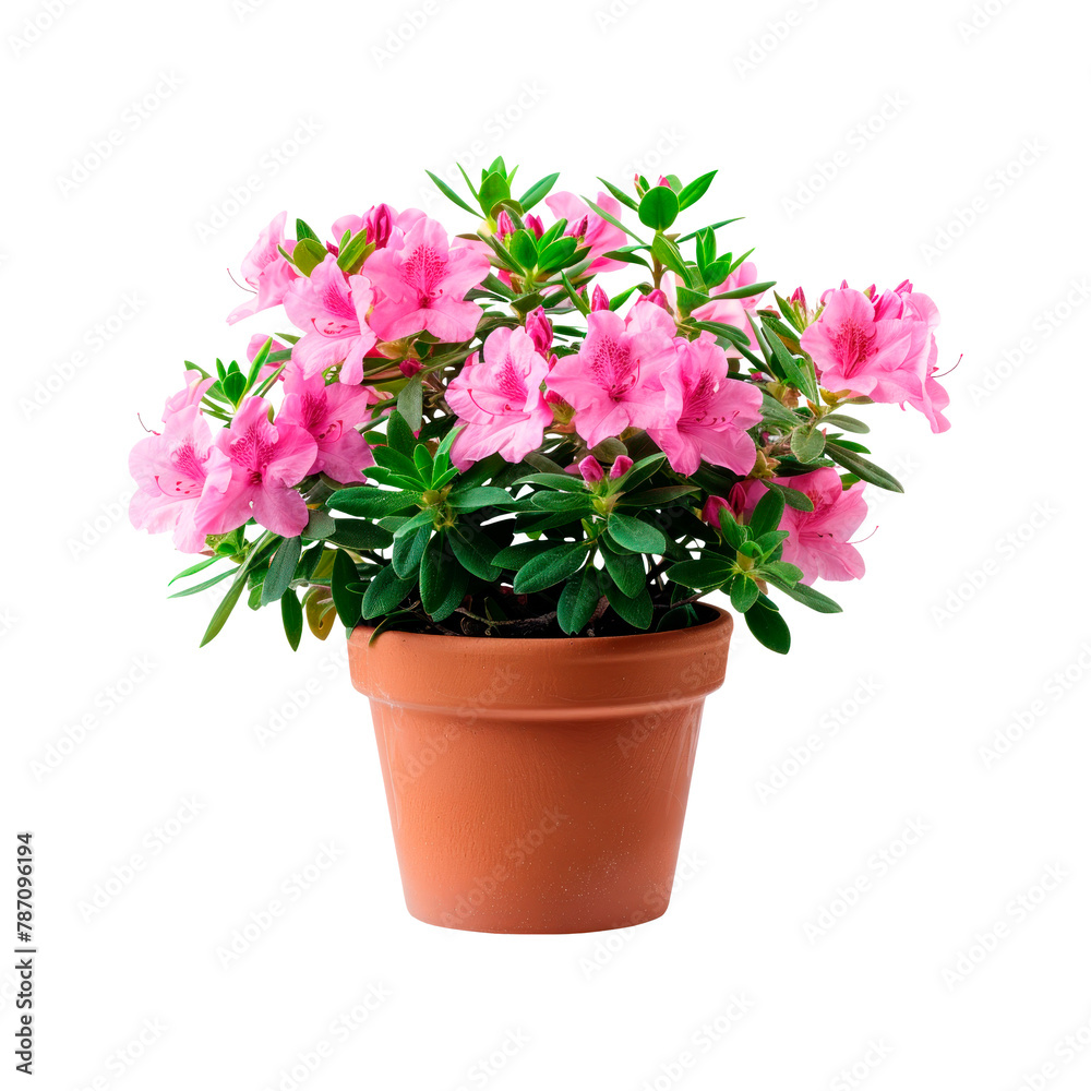 Pink azalea in a pot. Isolated on transparent background.