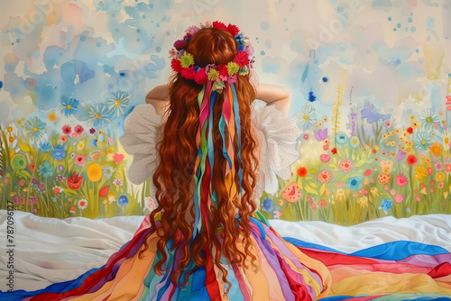 A woman adorned with a floral crown gazes upon a vibrant mural of blooming flowers, her flowing rainbow ribbons and red hair echoing the colors of spring photo