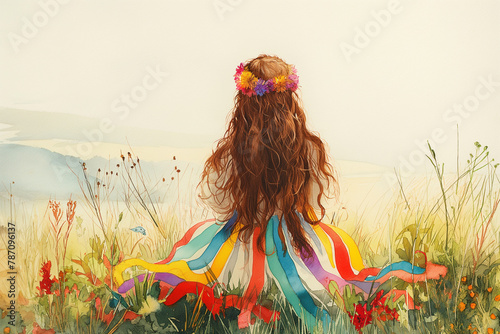 A tranquil scene of a woman sitting in a meadow, her rainbow ribbons and floral crown blending harmoniously with the wildflowers and soft landscape around her