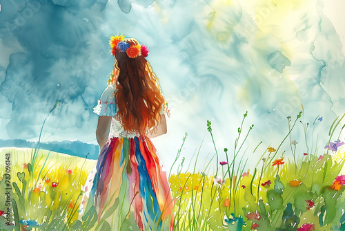 A young woman, adorned with a vibrant floral crown, stands amidst a lush field of wildflowers, looking towards the stormy skies with an air of hope and renewal photo