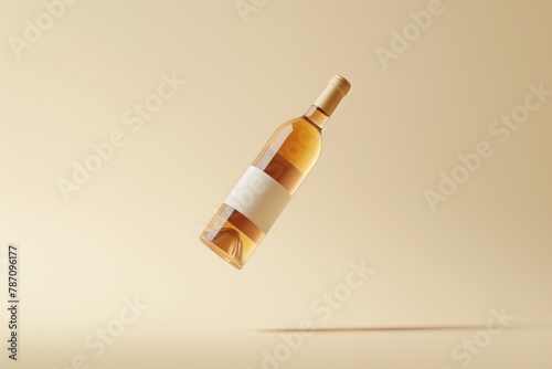 A bottle of white wine with a blank label floating on a monochrome beige background