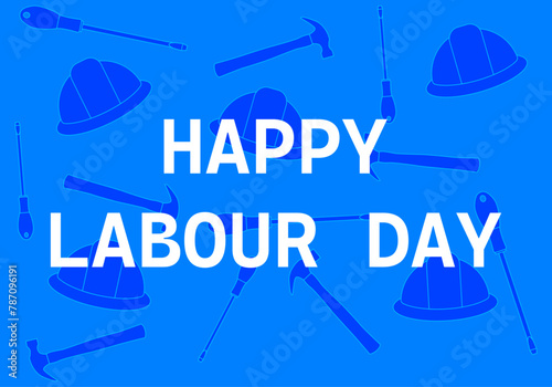 Cartel del día del trabajador con fondo azul y patrón de herramientas y casco.
