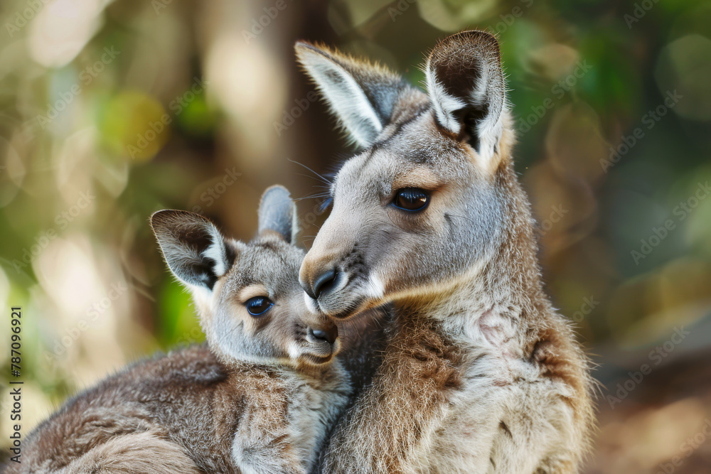 A mother kangaroo is holding her baby kangaroo A mother kangaroo is holding her baby kangaroo