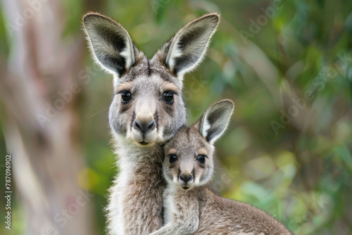 A mother kangaroo is holding her baby kangaroo © Napat