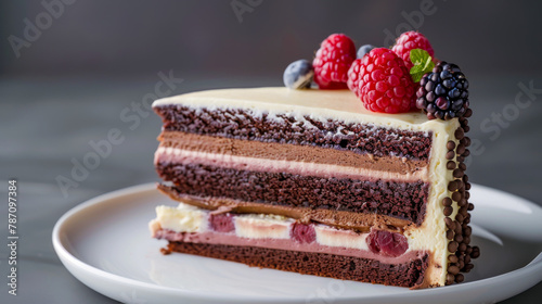 A slice of chocolate cake with raspberries on top