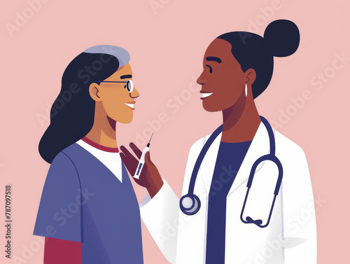 Illustration of two healthcare professionals conversing, one with a stethoscope.