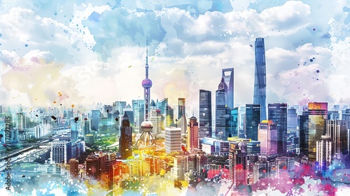 bustling urban cityscape, business district, skyscrapers in watercolor style, vibrant colors