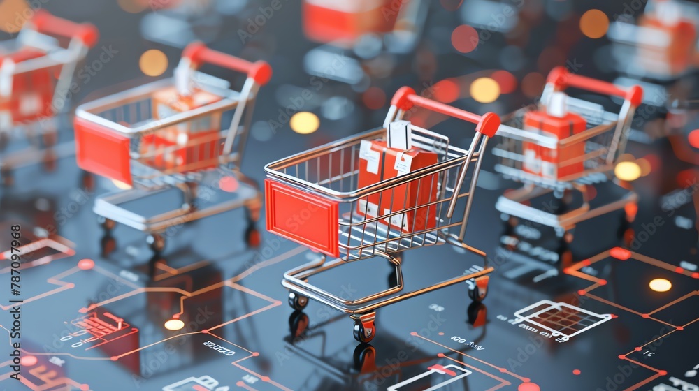 e-commerce hub, 3D shopping carts and products, virtual shopping experience