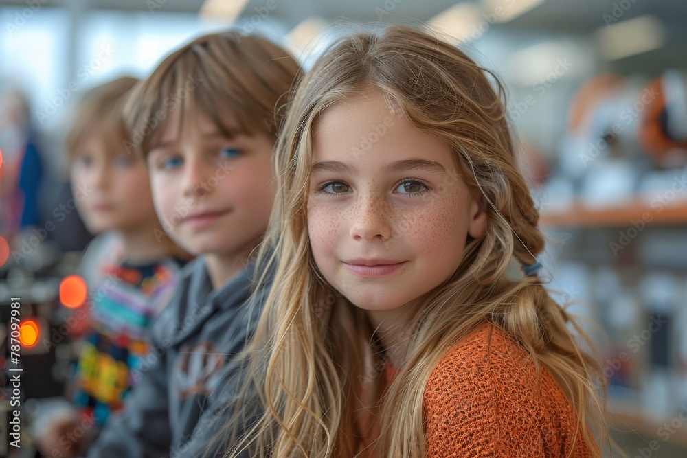 A young girl with wavy hair and a sweet smile is at school with friends