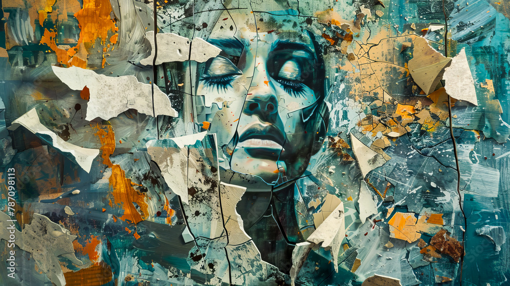 A woman's face is painted on a wall with a lot of different colors and textures