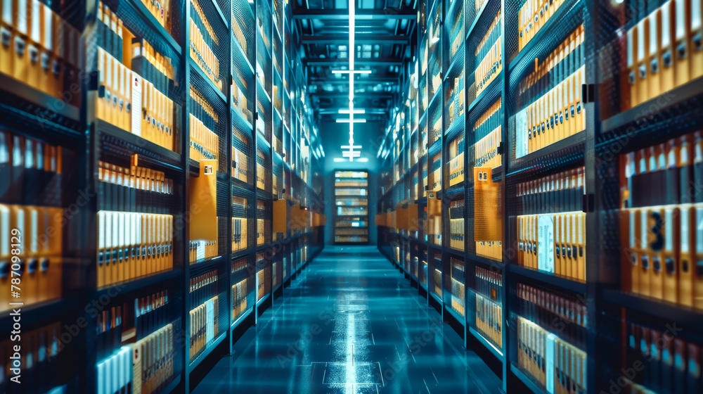 A large room with shelves of books and a cross hanging from the ceiling