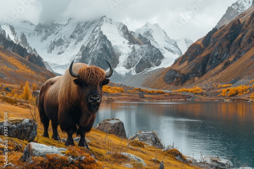 A bison is peacefully grazing next to a pristine lake in the mountainous ecoregion, under the clear sky dotted with fluffy clouds