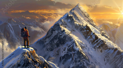 A man is standing on a mountain peak with a backpack