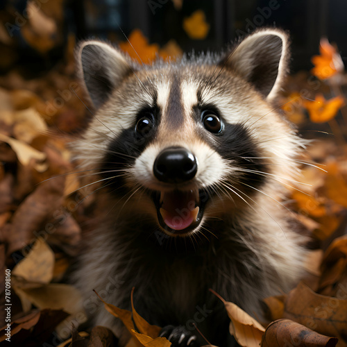 Portrait of a raccoon on the background of autumn leaves.